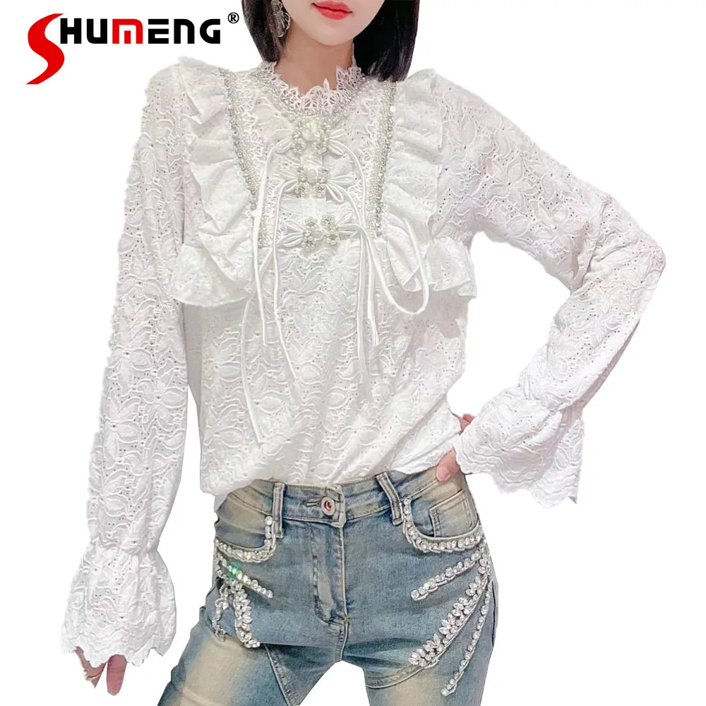 

Autumn 2023 New Blouse Heavy Industry Beads Rhinestones Crocheted Hollow Shirt Women Clothing Loose Lace Ruffle Top Blusas Mujer