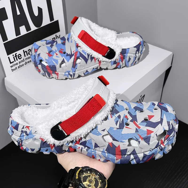 Men Winter Slippers Plush Fur Clogs Indoor Comfortable Warm Slippers Removable Sandals Men Casual Shoes Winter Plus Size 46 47