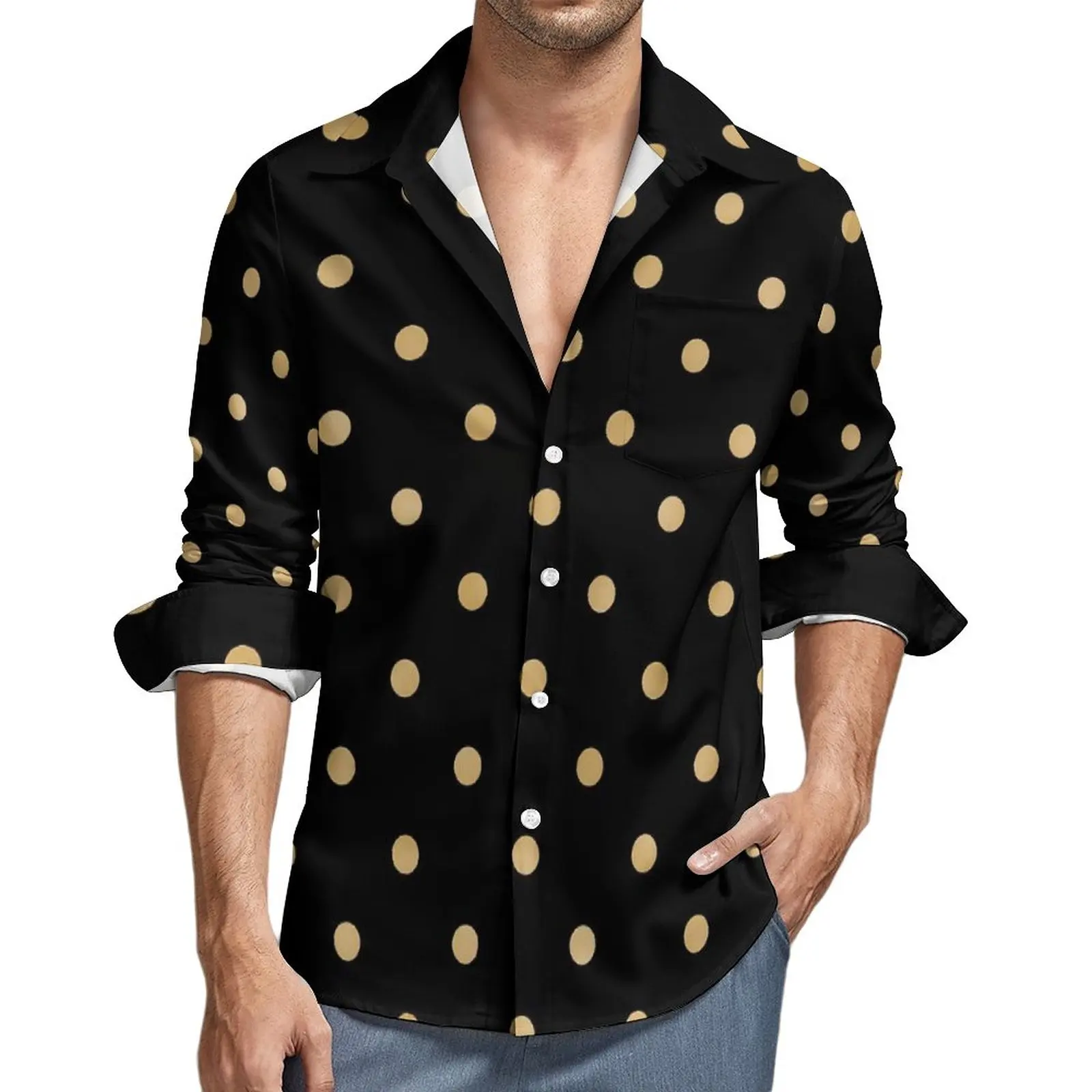 

Gold Dot Print Shirt Polka Dots Casual Shirts Long Sleeve Graphic Aesthetic Blouses Autumn Fashion Oversized Top