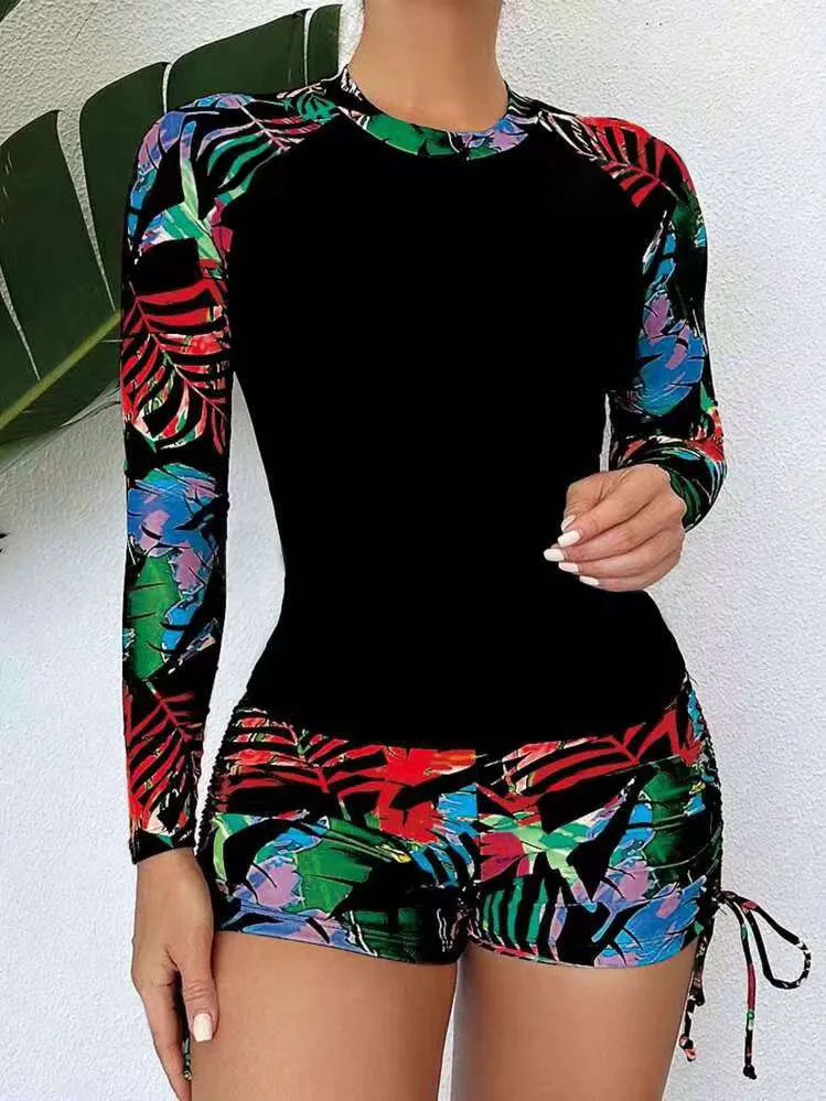 2025 New plus Size Two Piece Swimsuit Women Sexy Print Long Sleeve High Waist Drawstring Tankini Brief Swimming Costume
