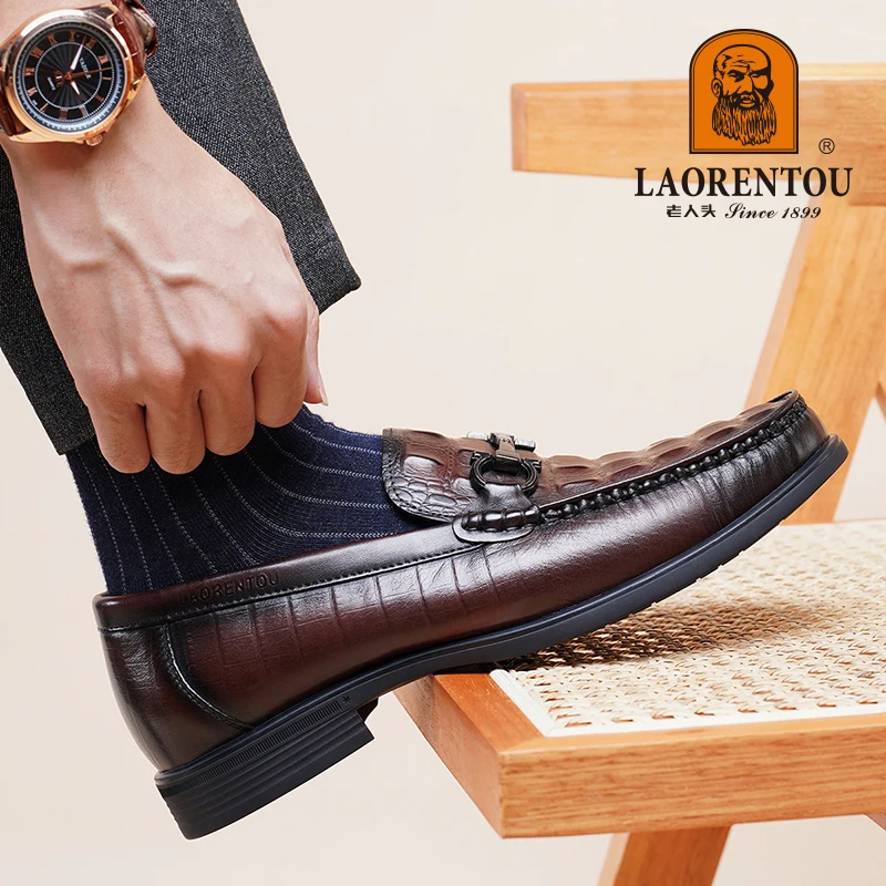 LAORENTOU crocodile patterned bean shoes, breathable business casual leather shoes, men's leather lazy loafers 20617 5