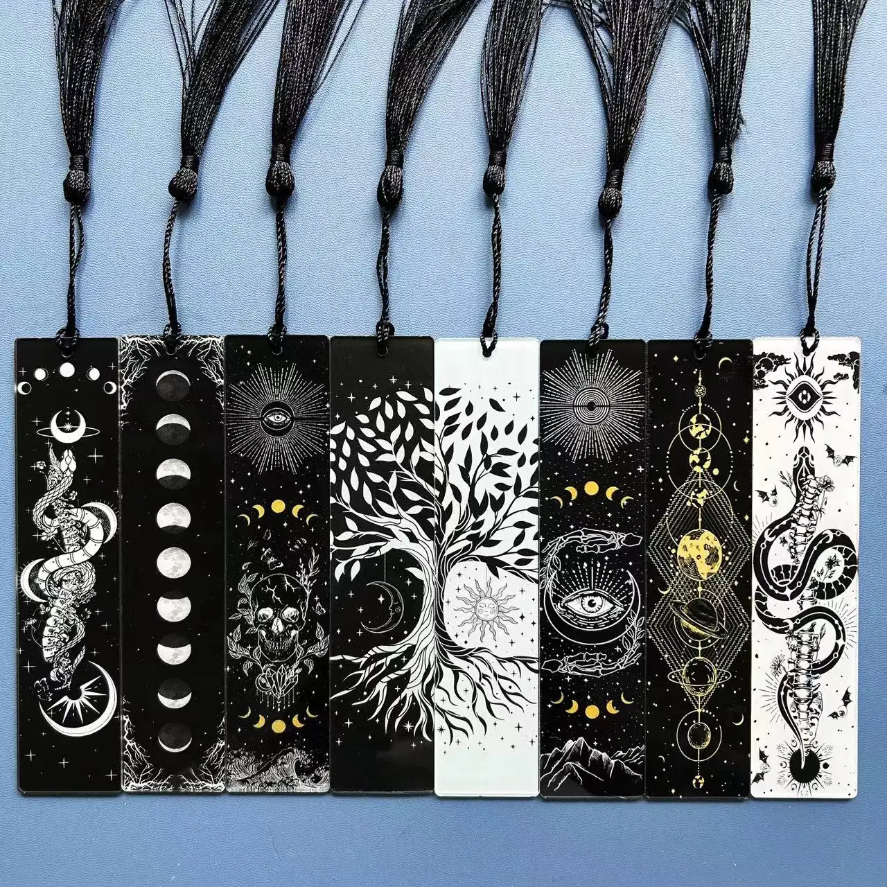 8 pc acrylic bookmarks for book reading enthusiasts. Moon phase, Tree of Life pattern, waterproof and not easy to break