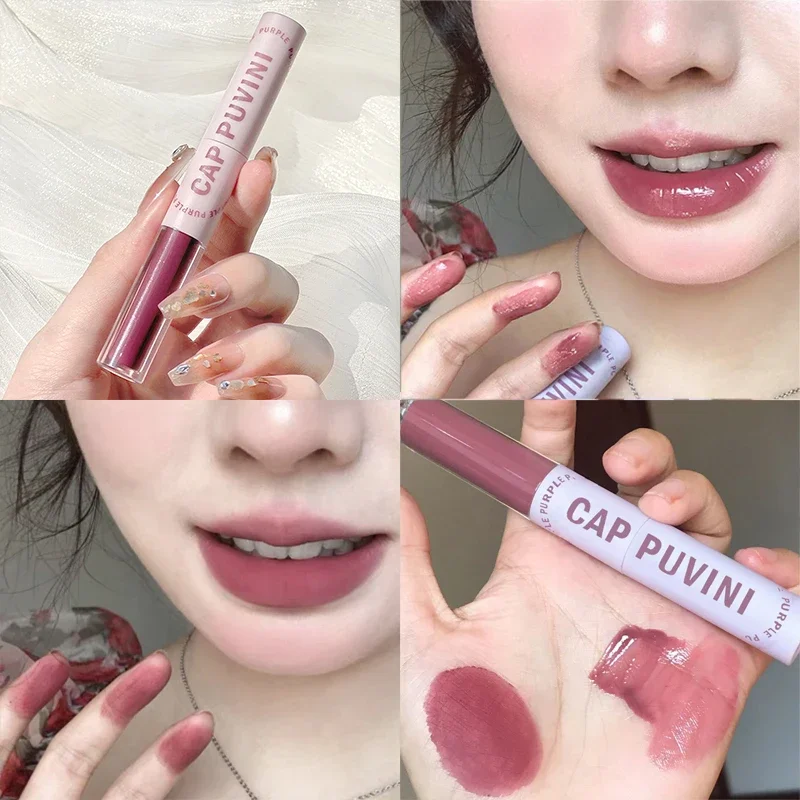 2 IN 1 Mirror Lip Gloss Matte Lipstick Set Grape Purple Sexy Women