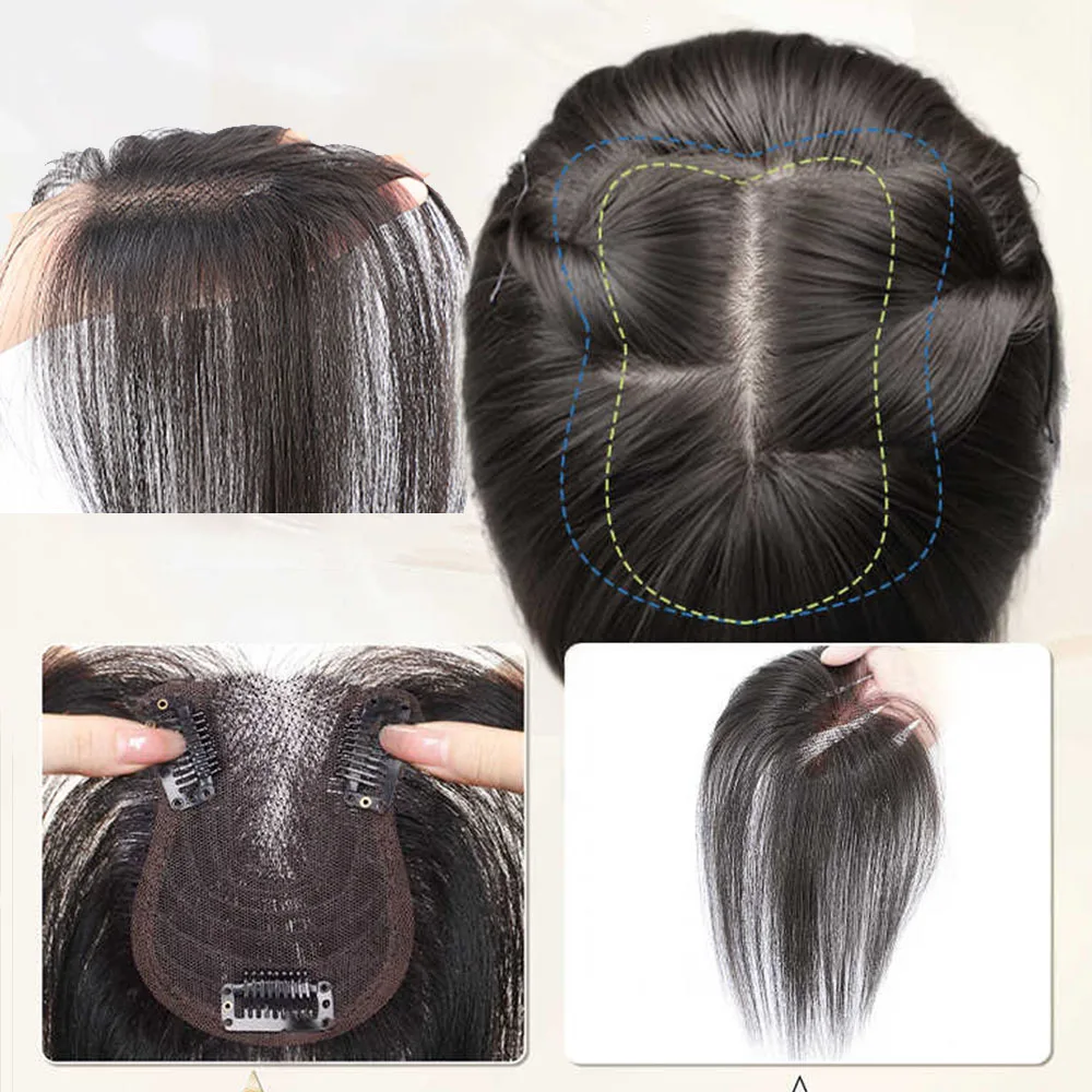 Parrucchino con frangia e parte centrale, liscio, invisibile, dall'aspetto naturale, senza cuciture, voluminoso, in capelli sintetici, per donna, per uso quotidiano - immagine 4