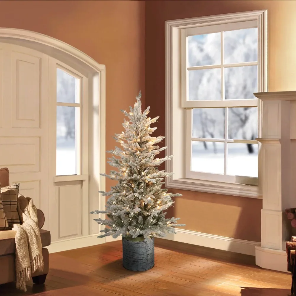 

Flocked Arctic Fir 4.5 Ft. Pre-Lit Potted Artificial Christmas Tree Freight Free 2023 Festive Party Supplies Home Garden