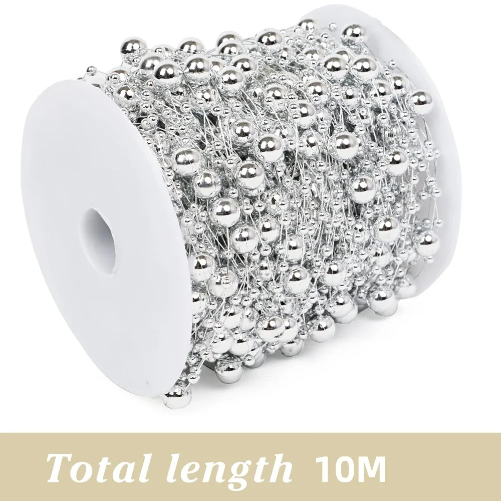 Adorno de cuentas de plata en miniatura de 10 m y 8 mm para Navidad, guirnalda navideña, decoración para árboles de Navidad, guirnaldas para fiestas, adorno colgante con purpurina