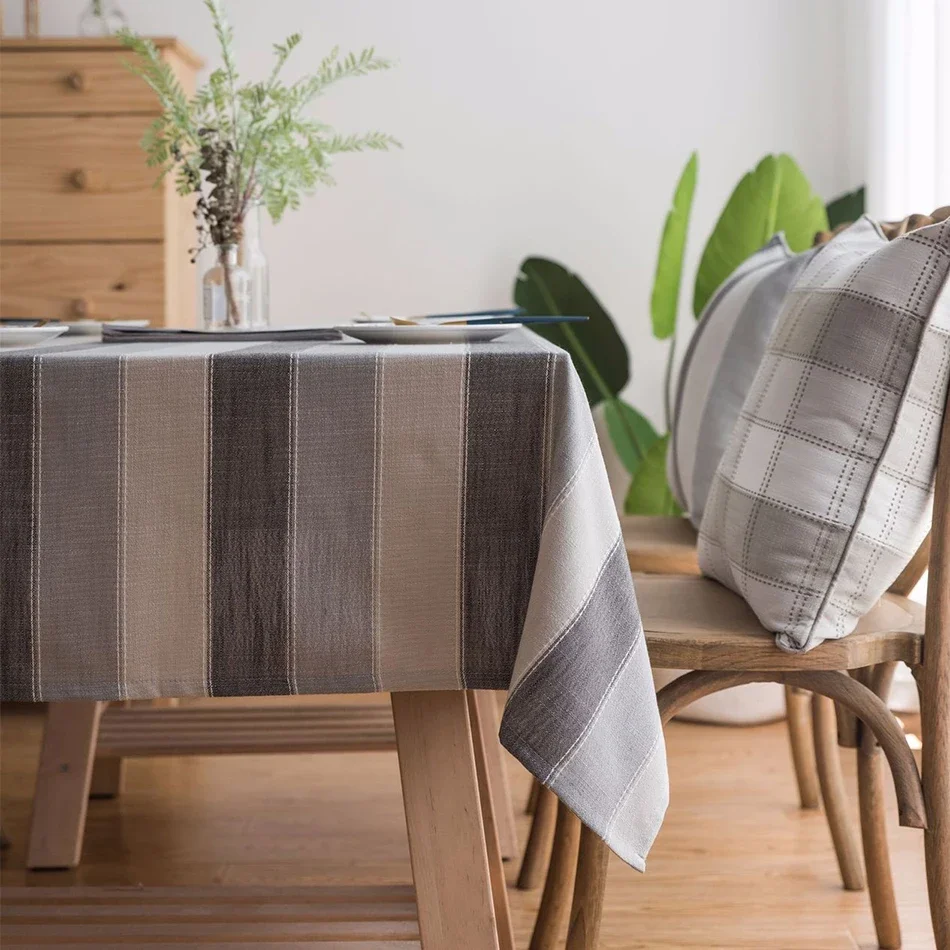 

Grey Stripes Cotton Linen Tablecloth,Nordic Style Elegance Dust-Proof Table Cover,For Dinning Terdic Style Tabletop Decoration