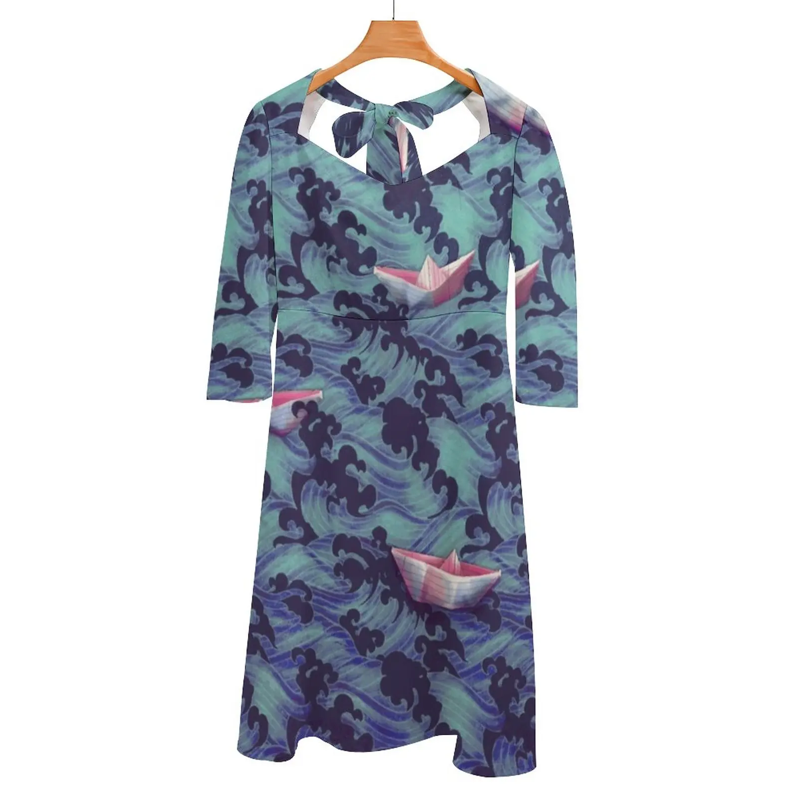 

Платье женское летнее с квадратным вырезом, элегантный сарафан с принтом в виде волн и бумажных лодок, с лямкой на шее, японское бумажное с волнами, с вырезом лодочкой