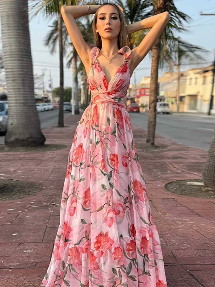 Beach Vacation Print Dress Women 3D Flower V Neck Sleeveless Bandage High Waist A Line Robe Female 2026 Summer New Chic Dresses 2