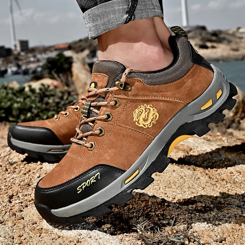 Genuine Leather Trekking Shoes Men Gray Low-cut Lace-up Men's Hiking Shoes High Quality Pigskin Breathable Outdoor Sneakers Man