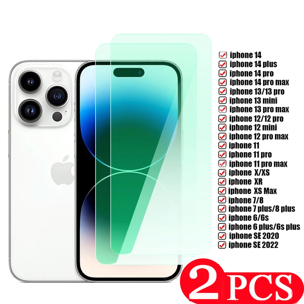 

2Pcs For iphone 14 13 11 pro 12 mini SE 2022 8 7 6 6S plus X XR XS max Eye protection green Tempered Glass screen protector film