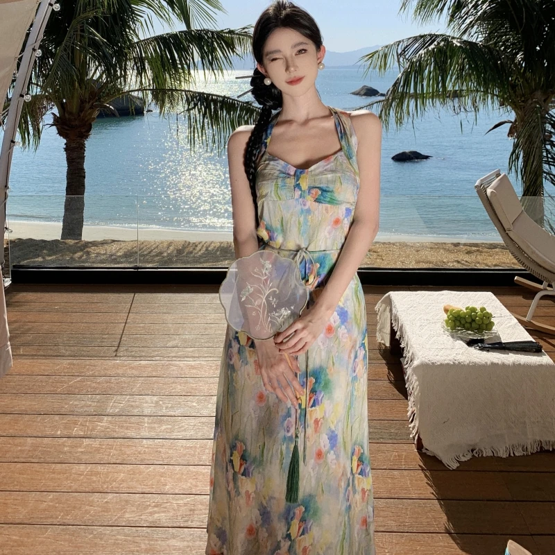 

Summer Hanging Neck Vintage Blue Flower Long Dress Female Elegant Vacation Backless Birthday Party Dress French Bohemian Trend