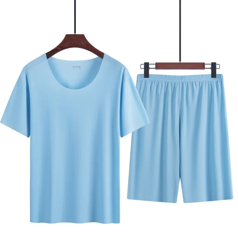 Summer Men's Ice Silk Pajamas Homewear Suit Modal Non-marking Thin Short-Sleeved Men's T-Shirt silk pajamas man pajamas set