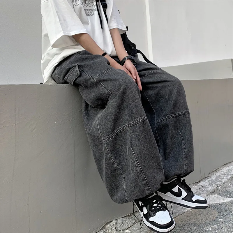 

Harajuku Casual Retro Wide Leg Drawstring Jeans American Oversize High Street Fashion Multi-Pocket Work Dress Foot Bloomers Men