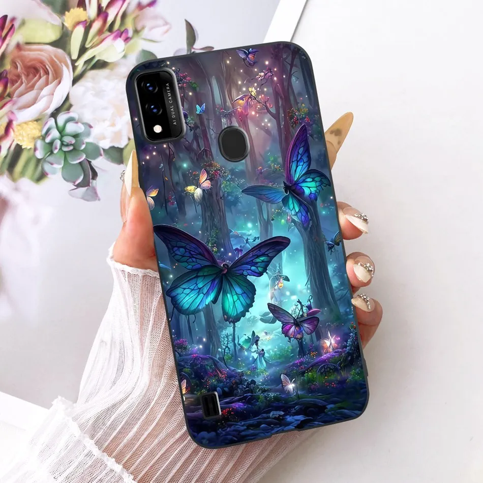 Charming Floral Butterfly Cat Black Silicone Phone Case