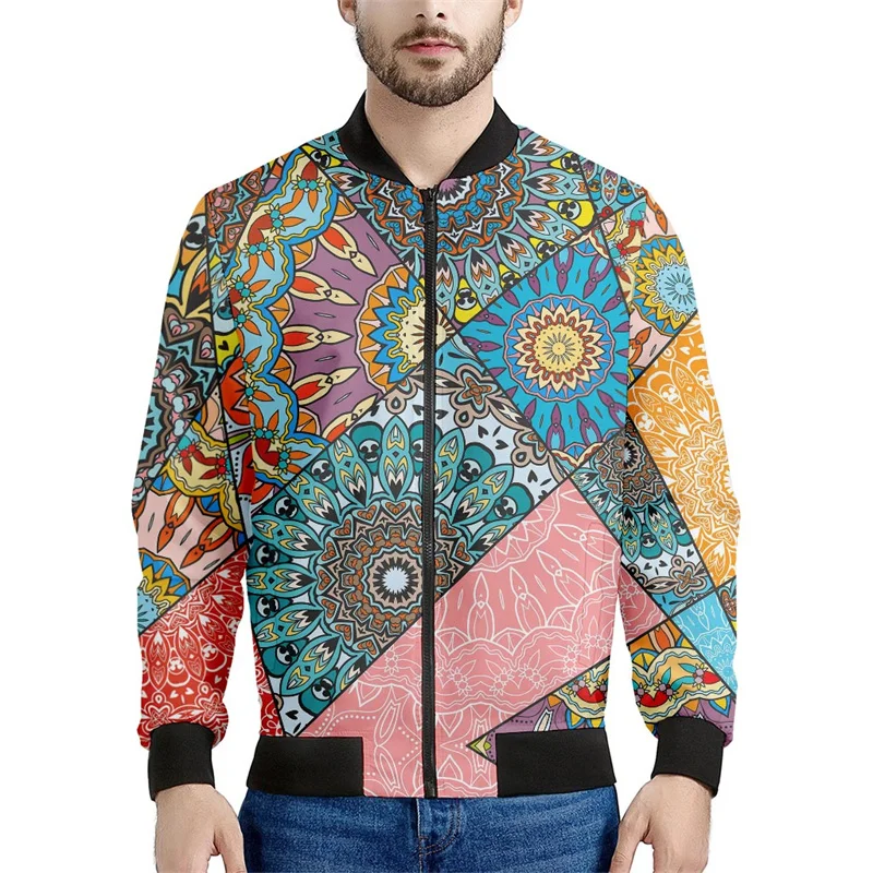Chaqueta con estampado 3D de retazos bohemios para hombre, sudaderas con estampado floral étnico, tops de manga larga, abrigos con cremallera para primavera y otoño