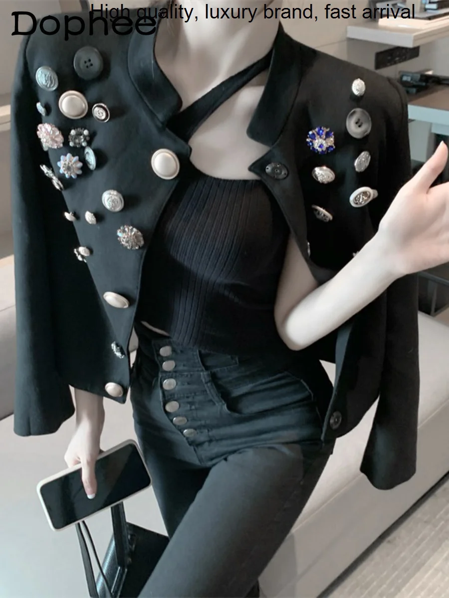 

Autumn 2023 Spring Short All-Match Black Suit Heavy Industry Rivet Buttons Jacket Women Motorcycle Retro Design Blazer Coat Top