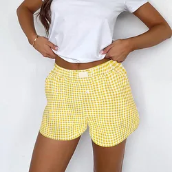 Women's Elastic Waistband Plaid Lounge Shorts - Red and Blue - L (YELLOW)