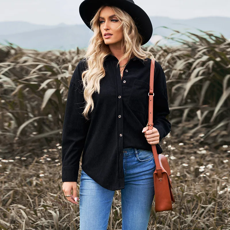 Clothes Solid Color Corduroy Jacket Womens Autumn and Winter New Single-breasted Lapels with Pockets Top Coat