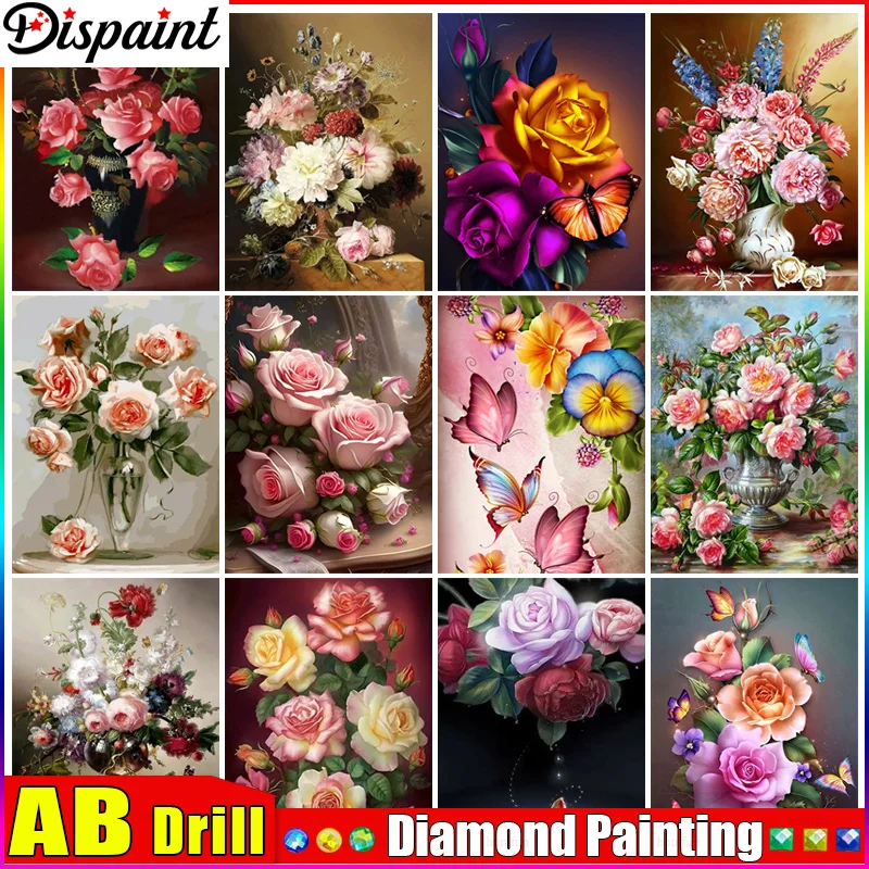 

Полноформатная Алмазная 5D Вышивка Dispaint AB, «цветы, розы, бабочки», картина из квадратных/круглых страз, искусство декора