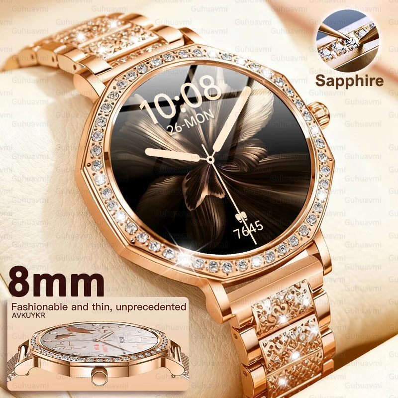 2025 New Ladies' Fashion Smartwatch Diamond Frame HD AMOLED Screen Bluetooth Call Health Monitoring Waterproof Smart Watch Gift