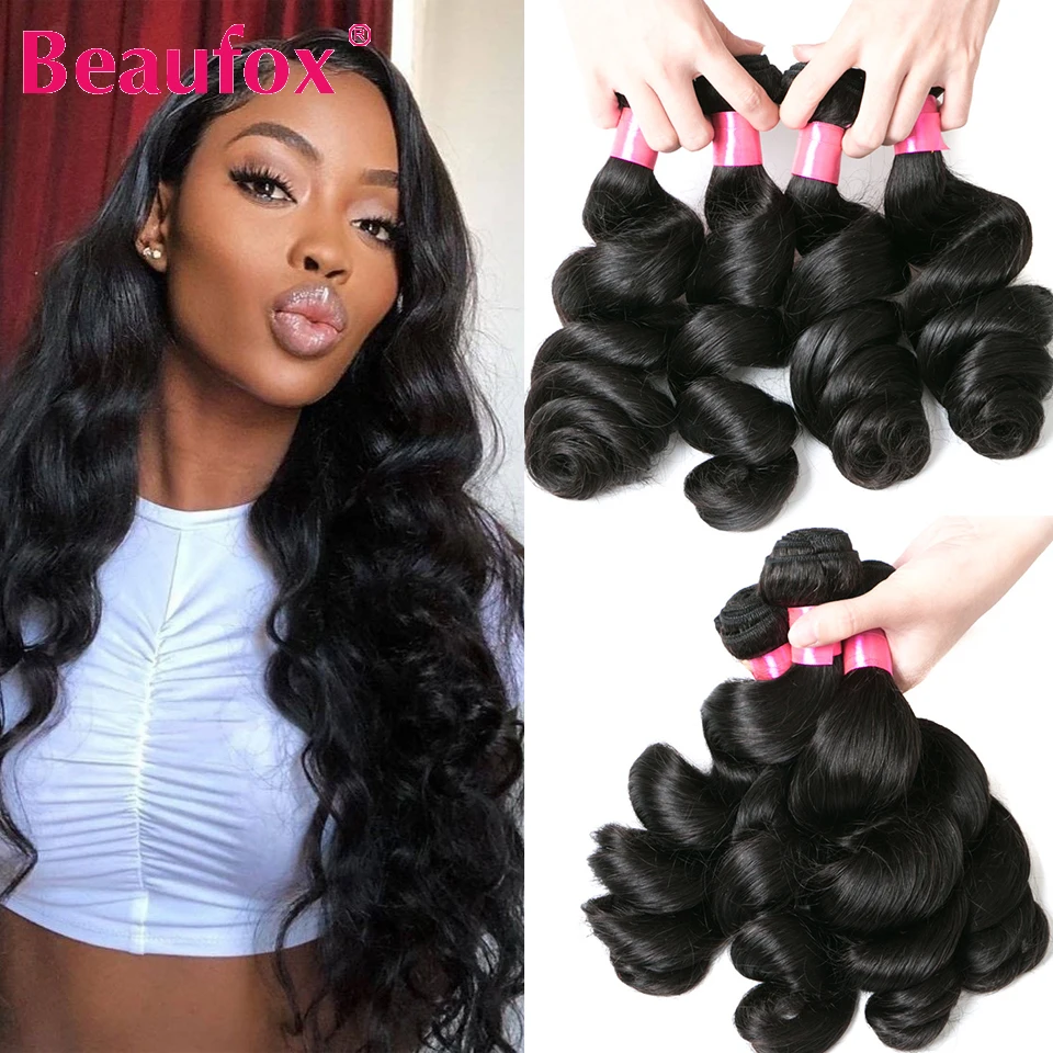 Beaufox Loose Wave Bundles Indian Hair Weave Bundles 4 Human Hair Remy Extensions Natural/Jet Black Color