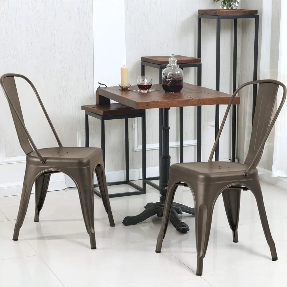 Metal Dining Chair Stackable Indoor Outdoor Industrial Vintage Chairs Bistro Kitchen Cafe Side Chairs with Back Set of 4 (Black) 6