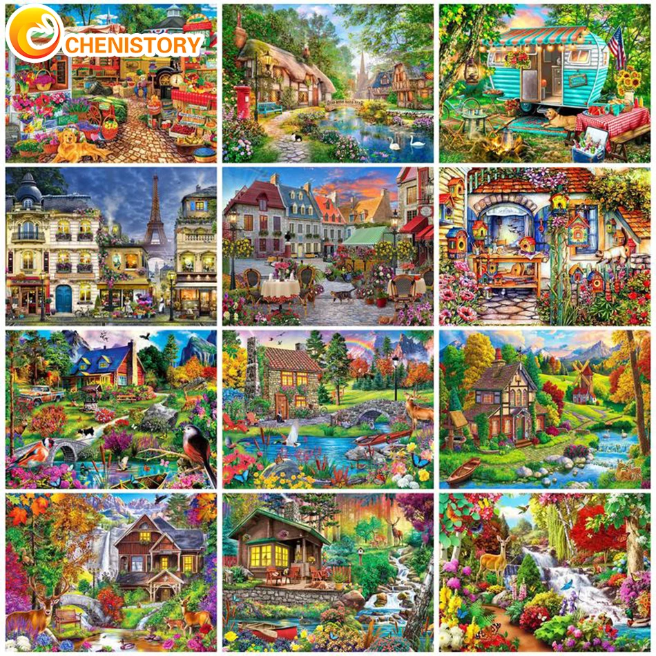 

CHENISTORY Town Oil Painting By Numbers Landscape DIY Craft Handmade For Adults Kits Acrylic Paint Canvas Coloring By Number Dec