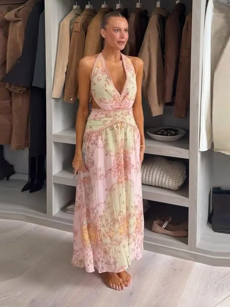 aliexpress summer maxi dresses Fashion Bohemia Floral Halter Maxi Dress For Women 2026 Spring Summer  Sleeveless Backless Long Dress Lady Chic Holiday Vestidos