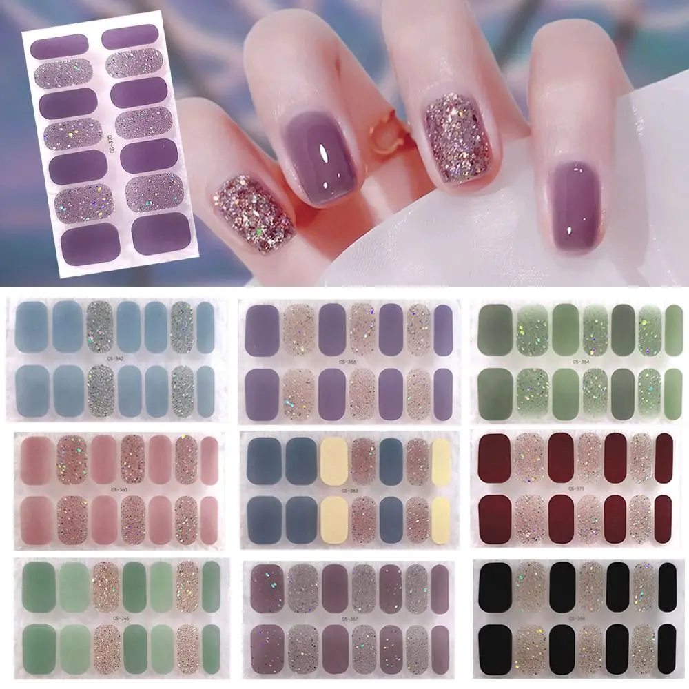 14Tips Waterproof Foil Gel Nail Stickers Glittering Self-Adhesive Gel Full Nail Wraps Simple Gel Nail Decals DIY NAil Art Making