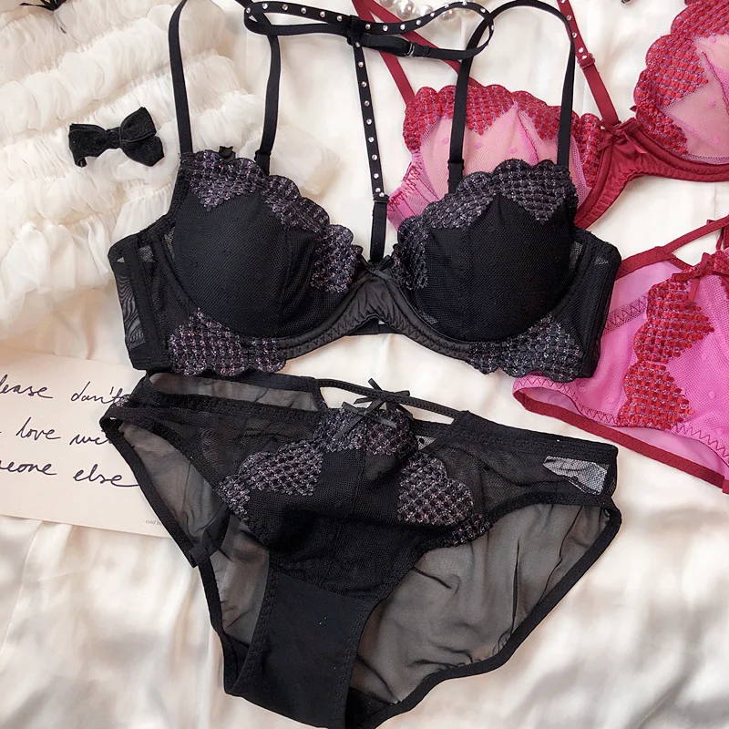 French Sexy Halter Underwear for Women Lace Love Embroidery Bra Set Shiny Diamond Lingerie Comfort Bras Hollow Panties Set