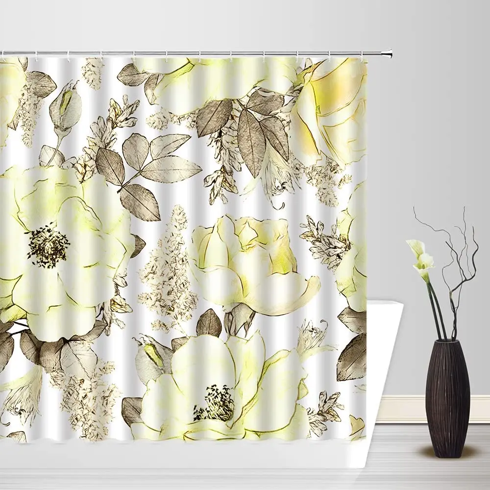 

Vintage Watercolor Yellow Flower Shower Curtain Floral Leaves Rustic Rose Blossom Plant Print Bathroom Decor Fabric Bath Screen