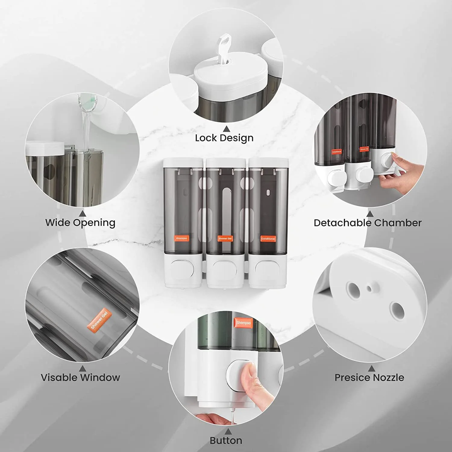 Liquid Soap Dispenser Three-Head Shower and Lotion Dispenser Waterproof Shampoo Gel Container Wall Mount with Clear Window 5