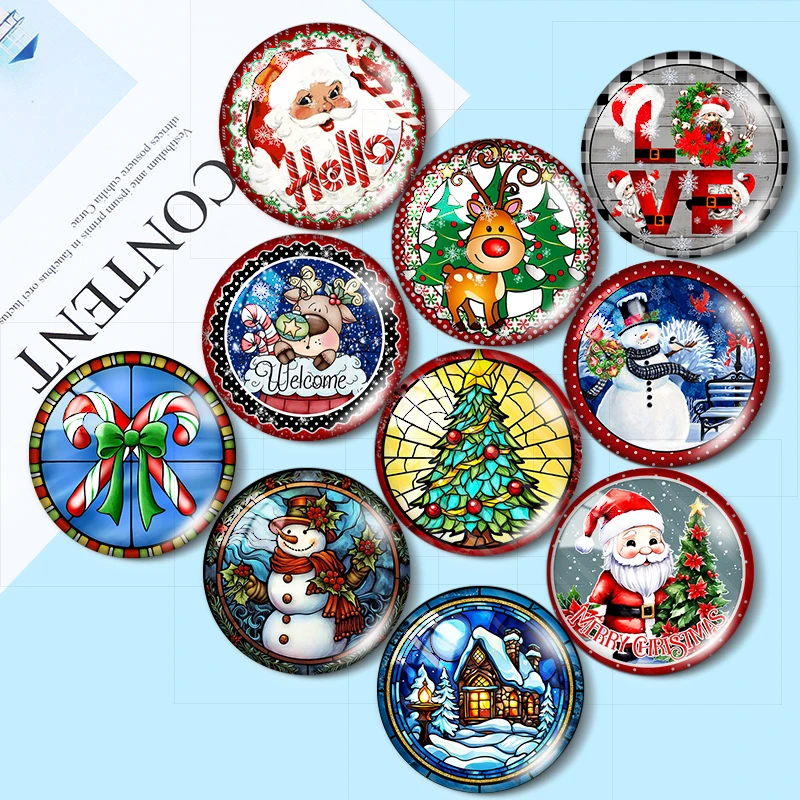 

Merry Christmas Snowman Elk Candle 10pcs 12mm/16mm/18mm/25mm Round Photo Glass Cabochon Demo Flat Back Making findings