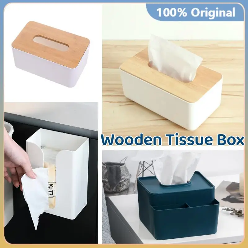 

Plastic Tissue Box Wooden Lid Round/Square Napkin Holder Container Wet Tissue Paper Dispenser Case Modern Home Car Organizer