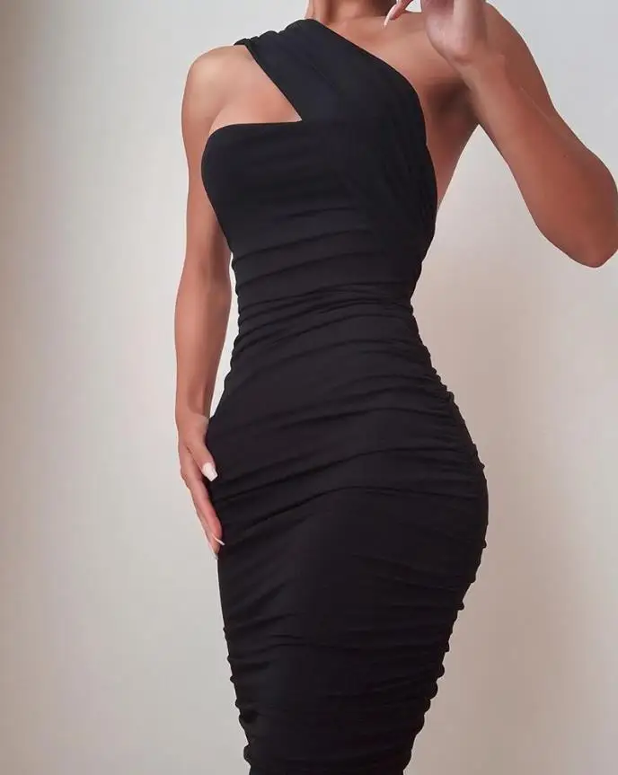

Elegant Evening Dress One Shoulder Sleeveless Pleated Evening Dress Fashion and Casual Black Party Dress, Summer Woman Clothes