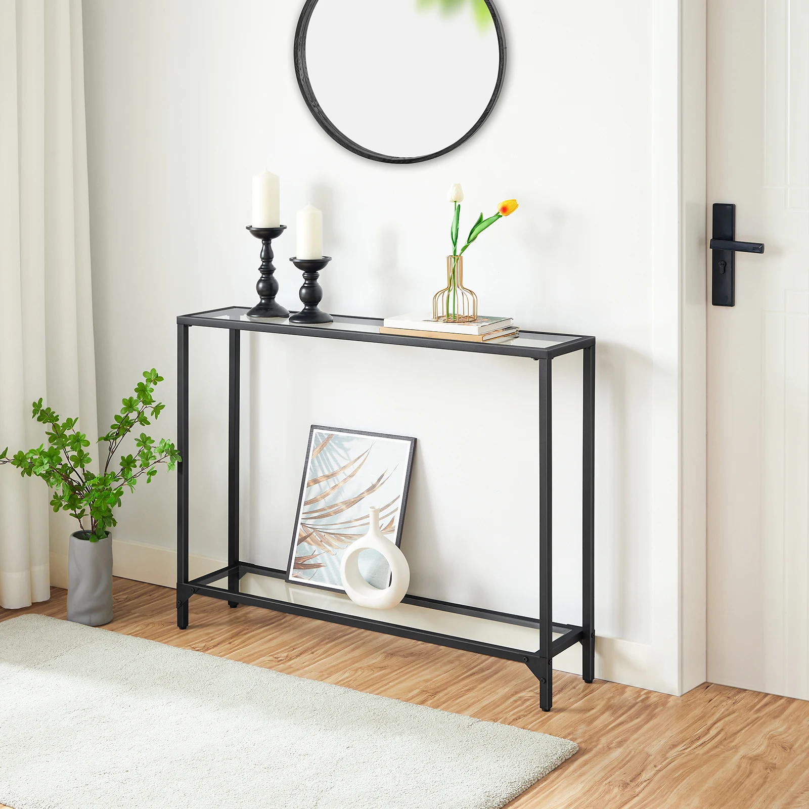39.4" Black Console Table, Tempered Glass Sofa Table, Modern Entryway Narrow Couch Metal Frame, for Living Room
