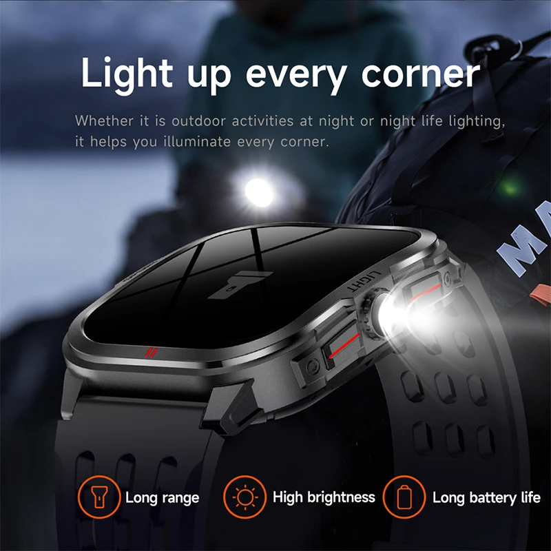 Military Smart Watch Men 2.01"HD 240*296 Screen 3ATM Waterproof Flashlight 400mAh Battery Heart Rate Sport BT Call Smartwatch