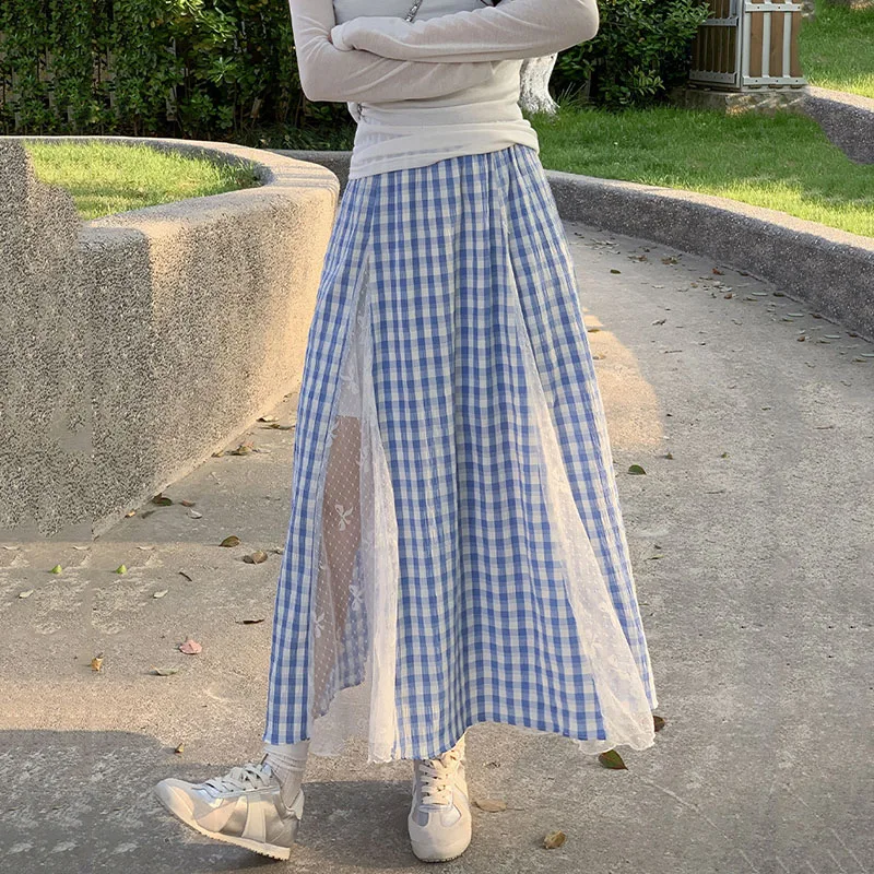 Fashion Lace Patchwork Long Skirt Women Vintage Streetwear