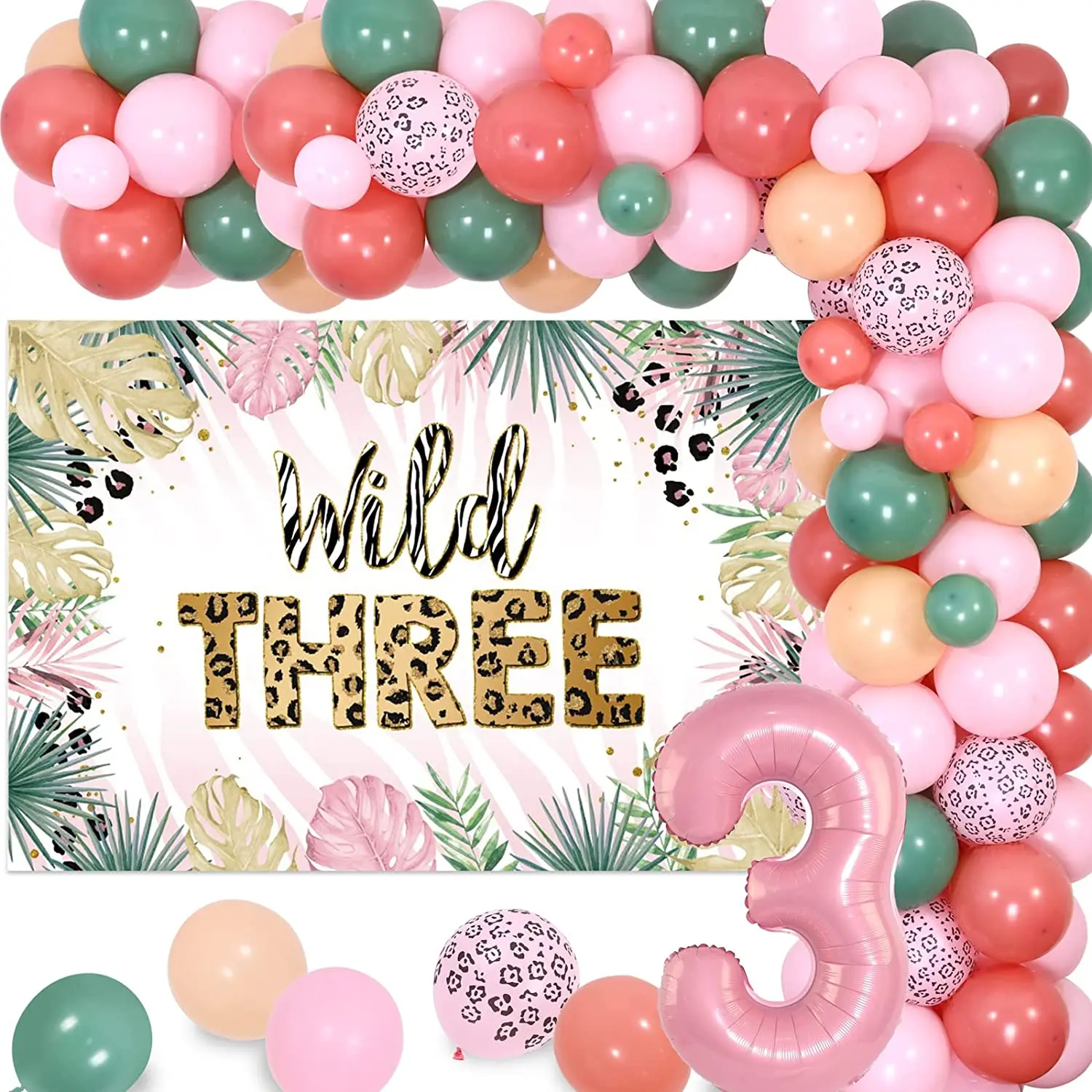 

Wild Three Leopard Birthday Decorations Balloons Garland Kit with Leopard Backdrop Number 3 Balloons for Girl 3rd Birthday Party