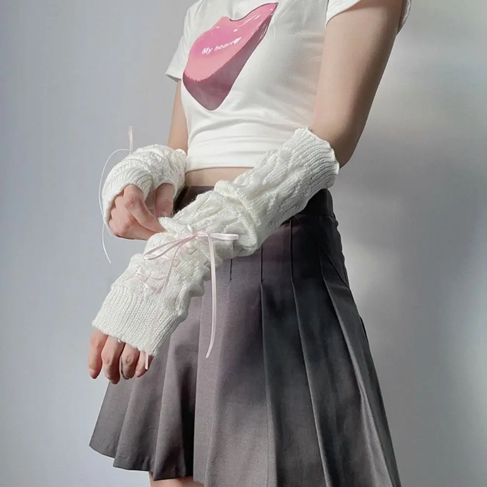 Fingerless Long Wrist Gloves Arm Warmers Black White Knitted Gloves Finger Sleeves Cover False Sleeves Elbow Mittens