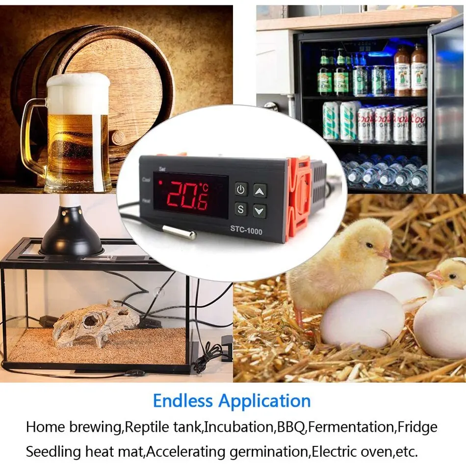 Digital Temperature Controller Digital Thermostat STC-1000 LED 2 Relays Output NTC Sensor Probe 12v 24v Heating Cooling