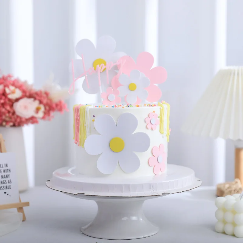 

Flower Cake Topper Happy Birthday Pink White Blossom Cake Decoration Kids Baby Shower Girl Princess Lovely Toppers for Cupcakes