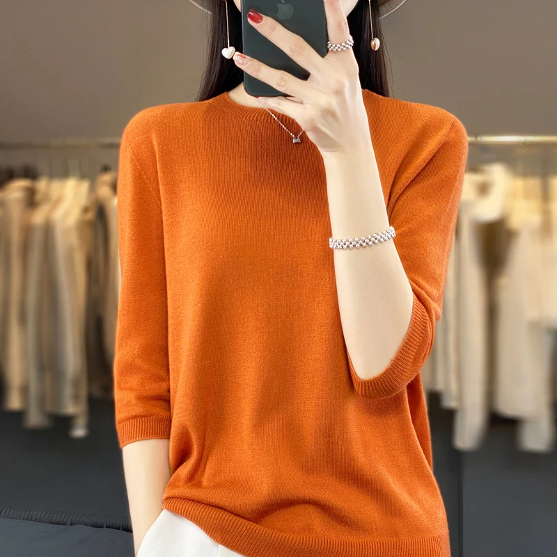 

Women's sweater 100% merino wool women's pullover short sleeve blouse spring and summer O-neck soft knitted women's clothing