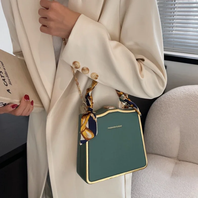 Women Silk Scarf Square Bag Fashion Chain Shoulder Crossbody Bag Luxury Designer PU Leather Female Vintage Gold Edge Handbag