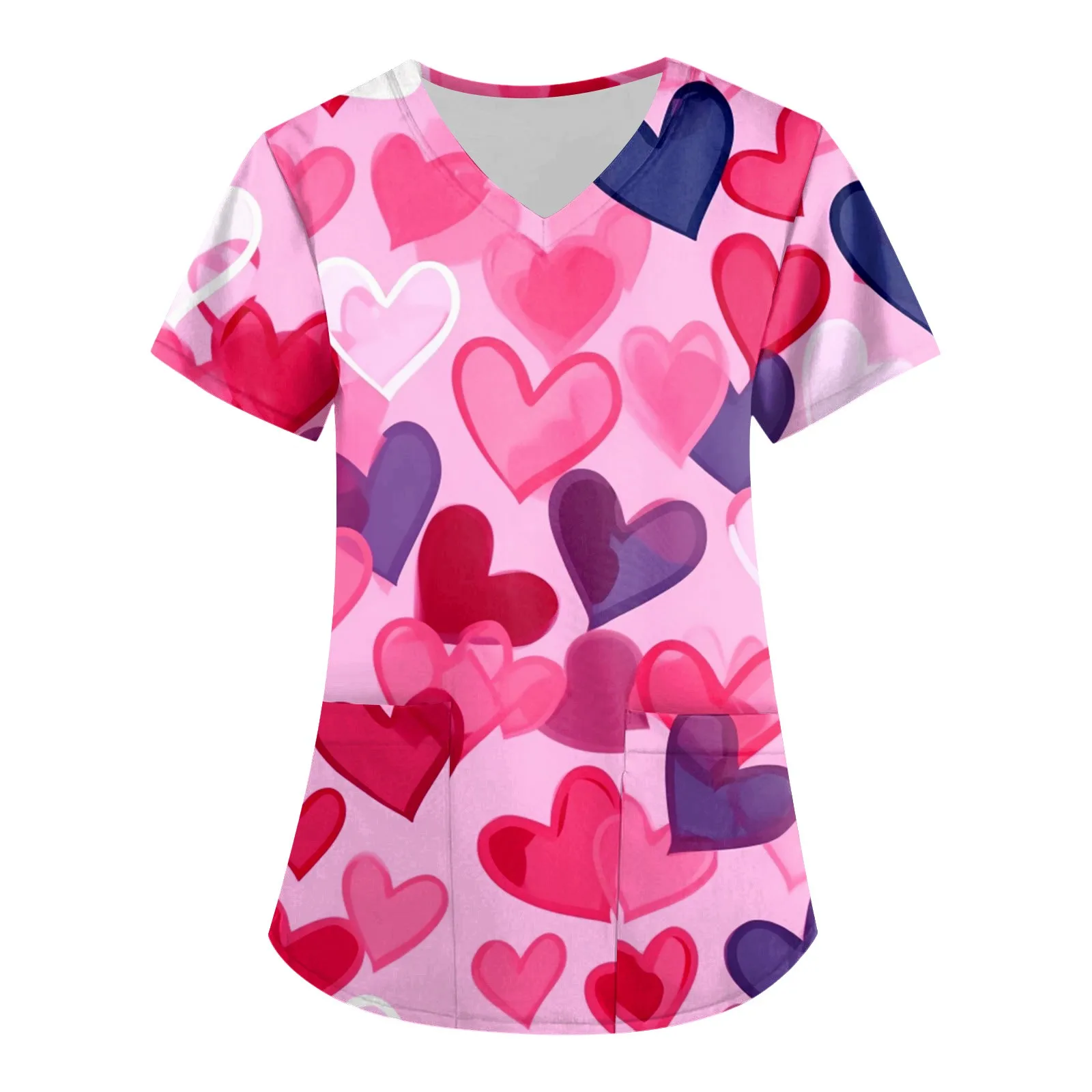 

Women's Fashion V-neck Short Sleeve Workwear With Pockets Valentine's Day Printed Tops
