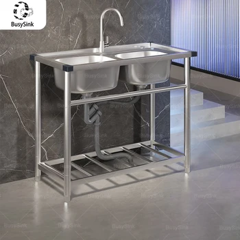 อ่างล้างจานในครัวแบบรวม สเตนเลสสตีล สำหรับล้างจาน ล้างผัก พร้อมช่องใส่ของ ติดตั้งง่าย พร้อมขาตั้ง 1