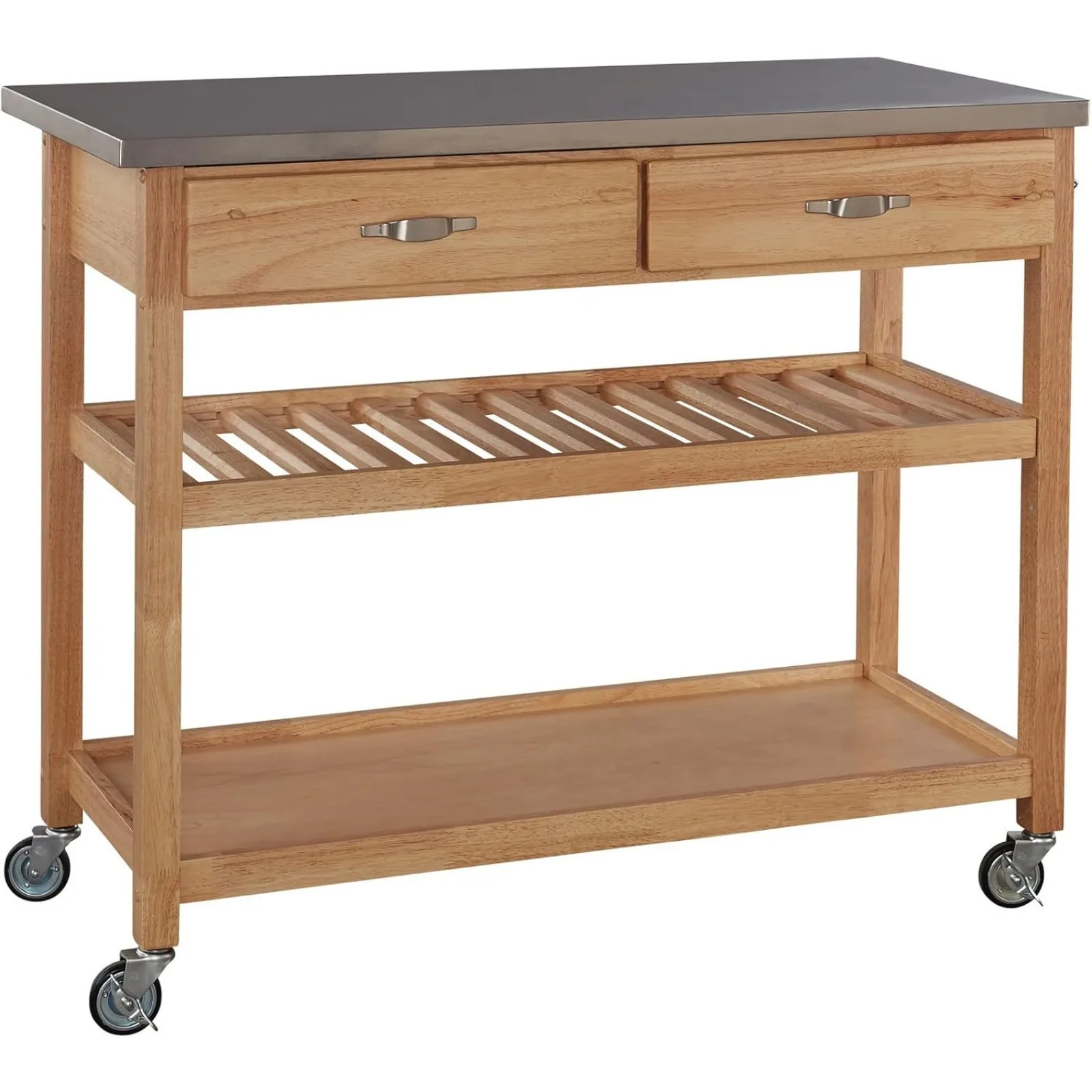 US Home Styles Natural Designer Utility Kitchen Cart with Stainless Steel Top, Two Utility Drawers, Adjustable Shelf and