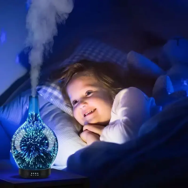 3D Fireworks Glass Air Humidifier Aroma Machine Ultrasonic Essential Oil Aroma Diffuser 4 Timer 7 LED Lights 100ml Home Use 2