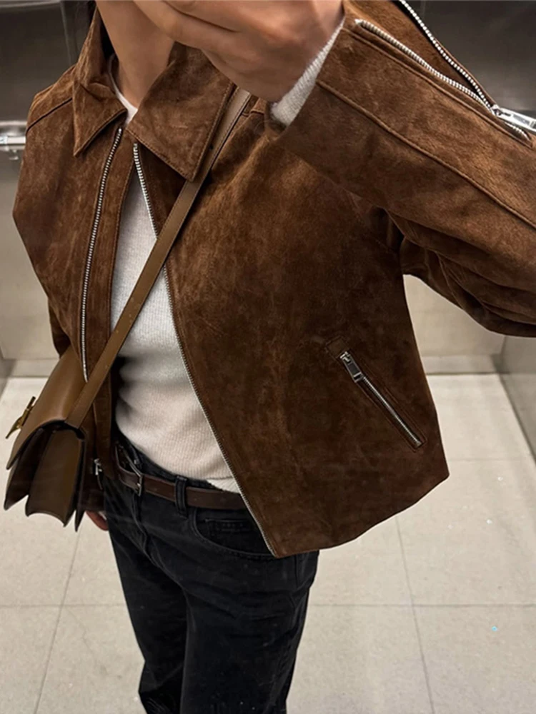 Giacche da donna in pelle scamosciata vintage colletto rovesciato